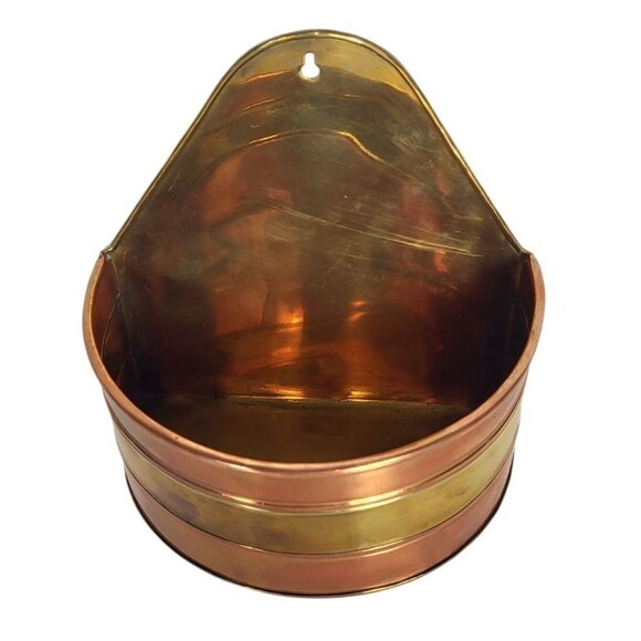 VTG MCM Farmhouse Banded Copper & Brass Shiny Wall Pocket Planter Made in India - Picture 2 of 11